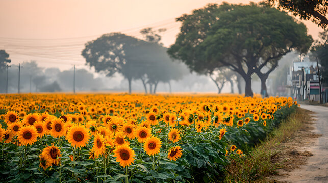 Sunflowers swaying in a field during golden hour, nature scene. gardening catalogs, home-decor guides, designed for home decor and floral branding and gardening and botanical catalogs.adulteration.
