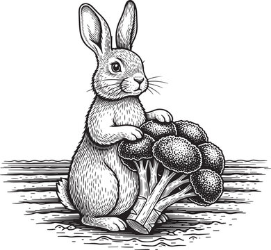 Woodcut illustration of a Rabbit with Broccoli, vegetarian conce