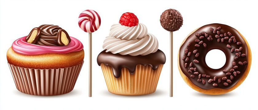 Delicious dessert collection: frosted cupcakes with toppings, candy lollipops, a chocolate pop, and a sprinkle donut, on white