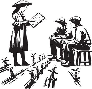 Sumi-e styled illustration of a farming workshop focusing on irr