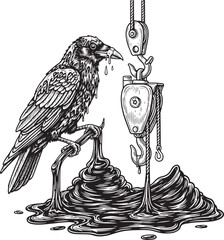Fototapeta premium Engraved Raven with Crane and Viscous Black Substance Illustrati