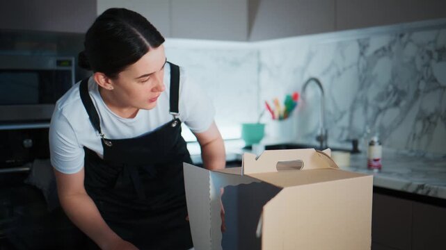 Young woman in an apron carefully places food into a cardboard box. She focuses intently, showing dedication to her task. The modern kitchen has marble backsplash and clean surfaces