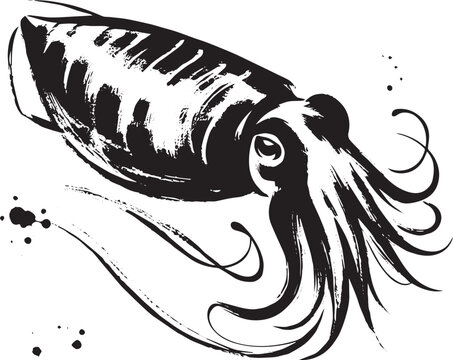 Monochrome cuttlefish illustration presented with sumi-e ink was