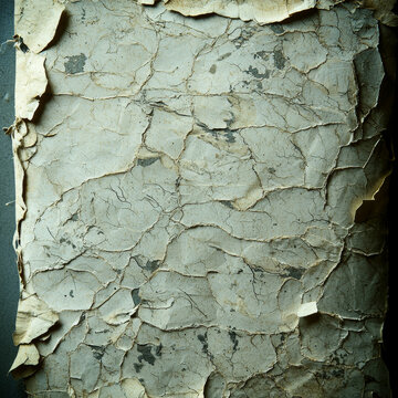 Detail of an aged, severely cracked, and peeling light gray surface, revealing dark textured patches and curled, lifted edges
