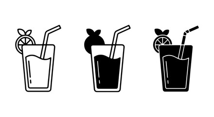 Refreshing Drink Icons: Glass, Straw, Lemon Slice, Mint Leaf, Outline, Silhouette, Black and White © MST