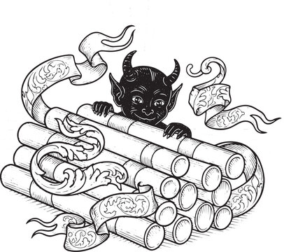 Impish Figure Emerging from Stack of Cylinders in Vintage Style