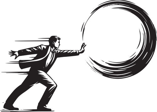 Energetic executive pushing an intangible barrier, minimalist bl