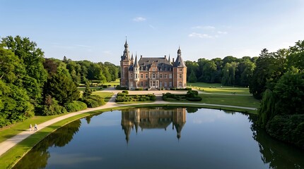 Obraz premium Elegant Historic Castle Reflected in Calm Lake Surrounded by Green Parkland
