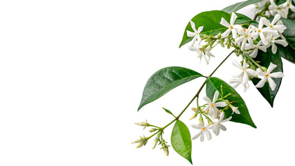 Branch of blooming jasmine flowers with intense green leaves flora element isolated on transparent background © Olga