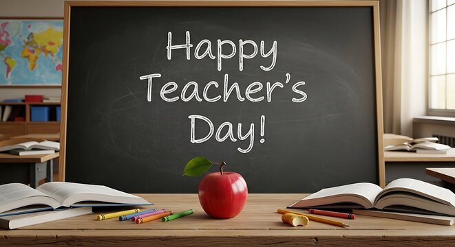Happy Teachers Day celebration in a classroom with chalkboard and school supplies