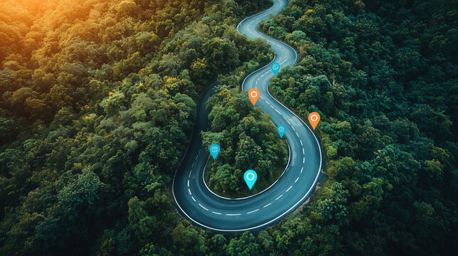 High-angle aerial view of a winding road cutting through dense green forest with digital location pin markers. Concept of navigation, GPS tracking, route planning, travel technology, transportation, l