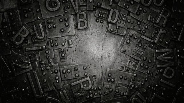A close-up, textured, and dark artistic rendering of Braille and raised letters on a metallic surface.