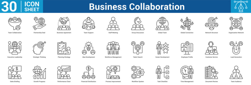 Business Collaboration icon set collection vector illustration concept for business with icon of Team Collaboration, Partnership Deal, Business Agreement, Team Support, Staff Meeting, Group Discussi.