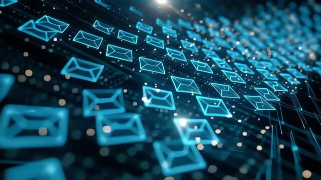 Digital communication network with floating envelope icons.