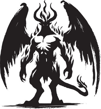 Minimalist Sumi-e Depiction of a Fiery Winged Beast in Black Sil