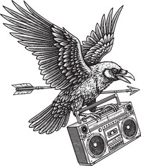 Obraz premium Vintage Engraved Raven Illustration with Arrow and Boombox, Musi