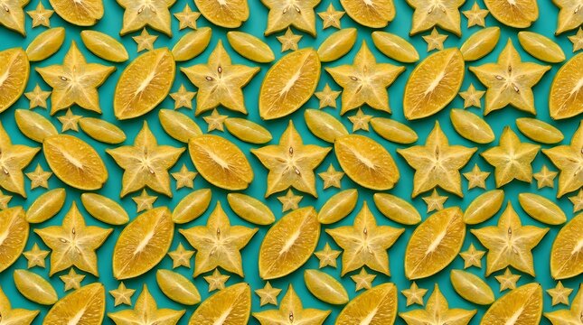 Seamless star fruit carambola slices pattern on vibrant teal background