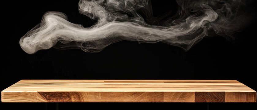 Empty light wood table with flowing white smoke on a dramatic black background, offering a display space