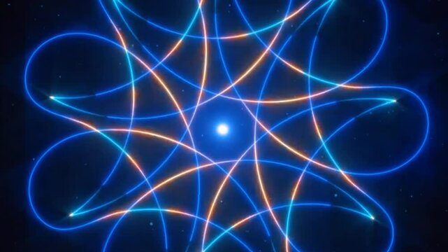 Futuristic glowing neon geometric lines forming an abstract mandala or atom structure. Rotating geometric star shape loop with orange and blue light streaks, perfect for cosmic or tech visualizers.