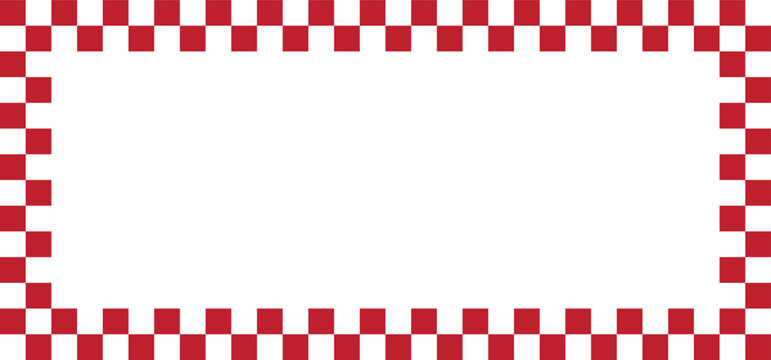 Red checkerboard border frame with geometric square pattern and decorative layout design. Classic racing inspired background element for banners and posters. Clean vector template for creative project
