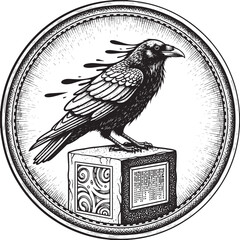 Obraz premium Engraved Raven on Cube with Intricate Designs within Circular Fr