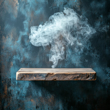 Empty rustic wooden shelf against a dark blue textured wall, with white smoke swirling dramatically overhead