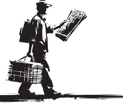 Abstract delivery man with newspaper silhouette in monochrome su