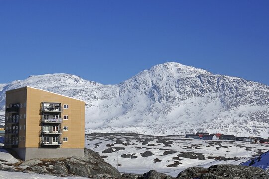 Modern apartment block and rocky winter landscape, capital, architecture, Nuuk, north america, Greenland, Denmark