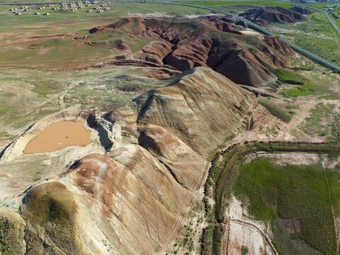 Colourful, geologically interesting hills in an extensive landscape, aerial view, mountains on D70 and D80, Tuzluca, Igdir province, Iğdır, Eastern Anatolia, Anatolia, Turkey