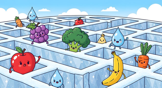 Cute fruit characters navigating through a complex sugar cube maze.