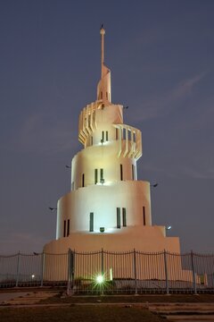 Lighthouse, blue hour, spiral, Marjan Island, Dammam, ash-Sharqiyya Province, Persian Gulf, Saudi Arabia