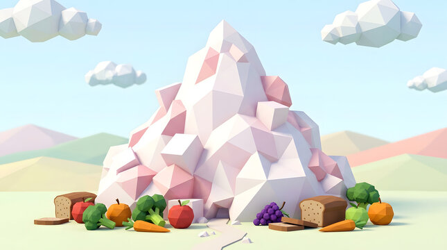 Low poly landscape with sugar mountains and healthy food base.