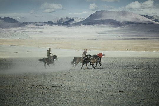 Festival of eagle hunters in Olgii Province, about 20 km from the provincial capital, where different methods of hunting are demonstrated and evaluated, as well as equestrian games and riding new mounts, Kisil Char, Olgii, Mongolia