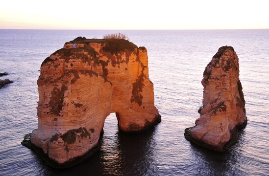 Pigeons Rock, Grotte aux Pigeons, limestone rocks eroded by wind and weather in the Raouche district, Beirut, Lebanon, Middle East, Asia