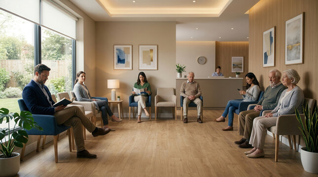 People Waiting in Modern Waiting Room, Reading, Relaxing, and Using Technology