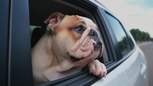 Old English Bulldog Enjoying a Scenic Car Ride with Paws on Window Showcasing Curious and Happy Expression During Daytime Travel Adventure