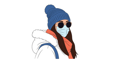 Fototapeta premium Young woman wearing warm blue beanie hat and white winter coat with face mask and sunglasses for protection in cold weather.