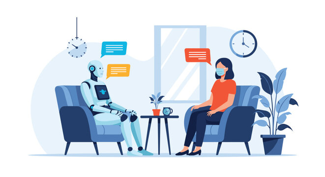 Human and artificial intelligence robot conducting a professional interview or consultation in a modern office with speech bubbles.