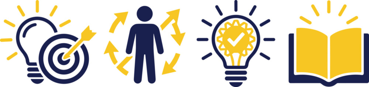 Business innovation and personal development icon collection vector illustration featuring target achievement learning creativity growth mindset and educational success symbols
