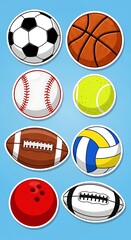 Fototapeta premium Colorful Illustrated Sports Balls Arranged on Blue Background