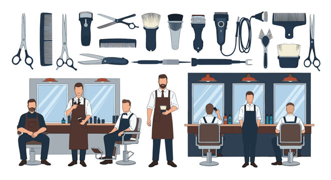 Set of professional barbershop tools and diverse male barbers working with clients in a modern hair salon interior design.