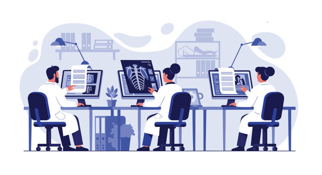 Team of medical professionals are focused on their computer monitors while analyzing patient X-ray images in a clinical laboratory.