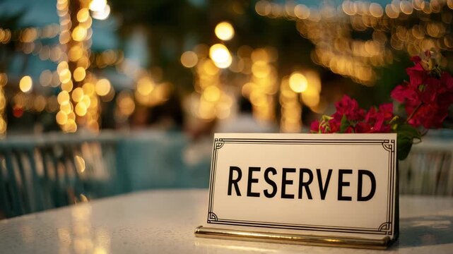 reserved sign on a table in a bar decorated with lights animation