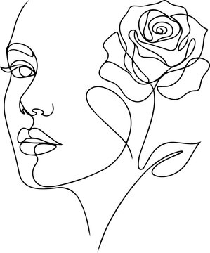 Elegant One Line Art Illustration of a Woman Face with Floral Flourishes