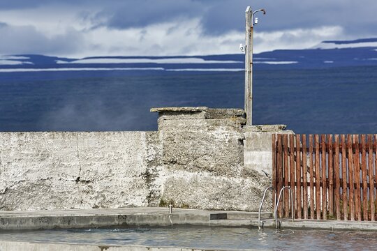 Geothermal pool in Reykjanes, heated outdoor pool, steam, geothermal energy, detail, S&uacute;&eth;av&iacute;k, Sudavik, Vestfir&eth;ir, Westfjords, Iceland