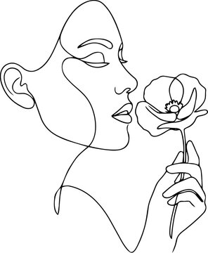 Elegant One Line Art Illustration of a Woman Face with Floral Flourishes