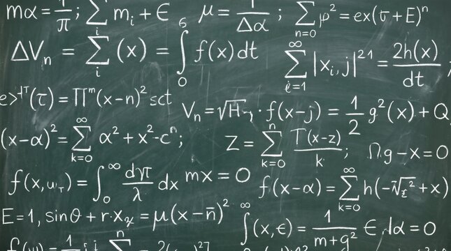 A blackboard filled with complex mathematical equations and formulas, showcasing advanced scientific notation and symbols.