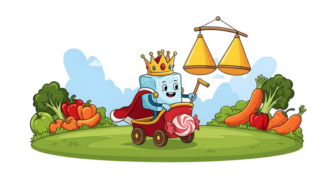 Cartoon sugar cube king riding chariot through field of healthy vegetables.