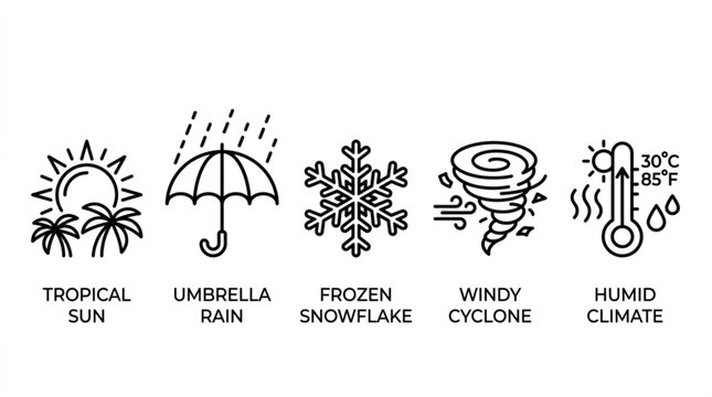 Weather web icons set showing tropical sun umbrella rain frozen snowflake cyclone and humidity