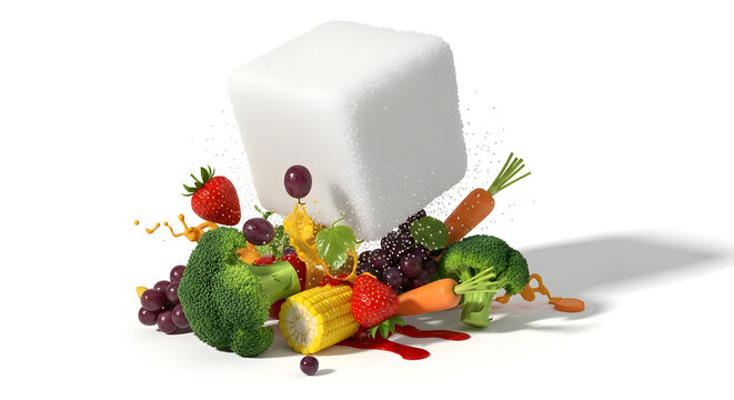 Giant white sugar cube crushing fresh vegetables and fruit arrangement.